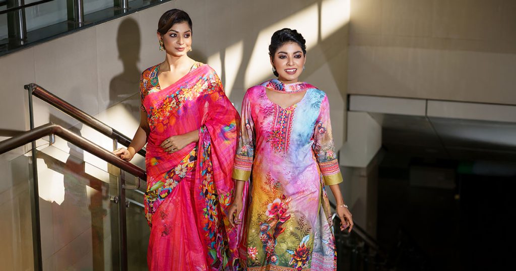 Bangladeshi women wearing traditional dresses like saree, salwar kameez, and lehenga representing cultural fashion.